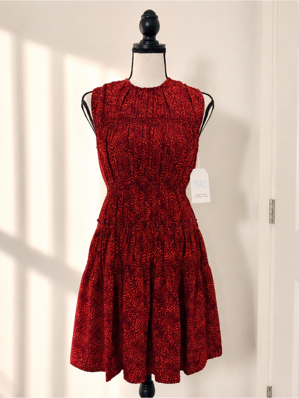 Time and Tru Women’s Red & Burgundy Printed Smocked Mini Dress NWT XS